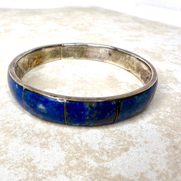 Vintage Fine 970 Silver Inlay Blue Lapis Lazuli Bangle Bracelet 26.5 Grams - Picture 5 of 8
